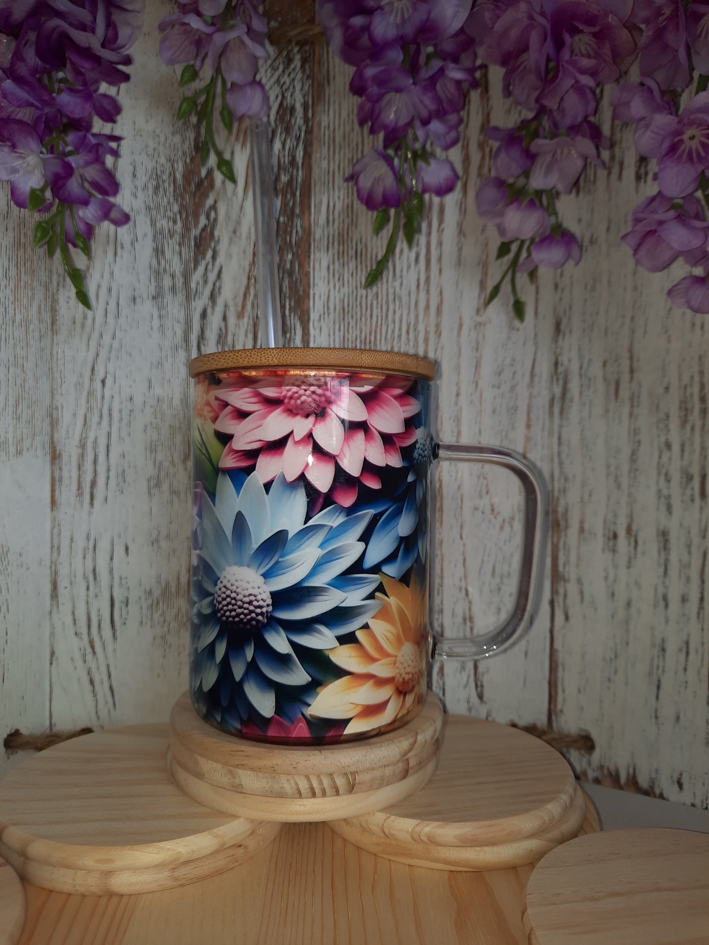 15 OZ GLASS COLORFUL FLOWERS HOT & COLD MUG