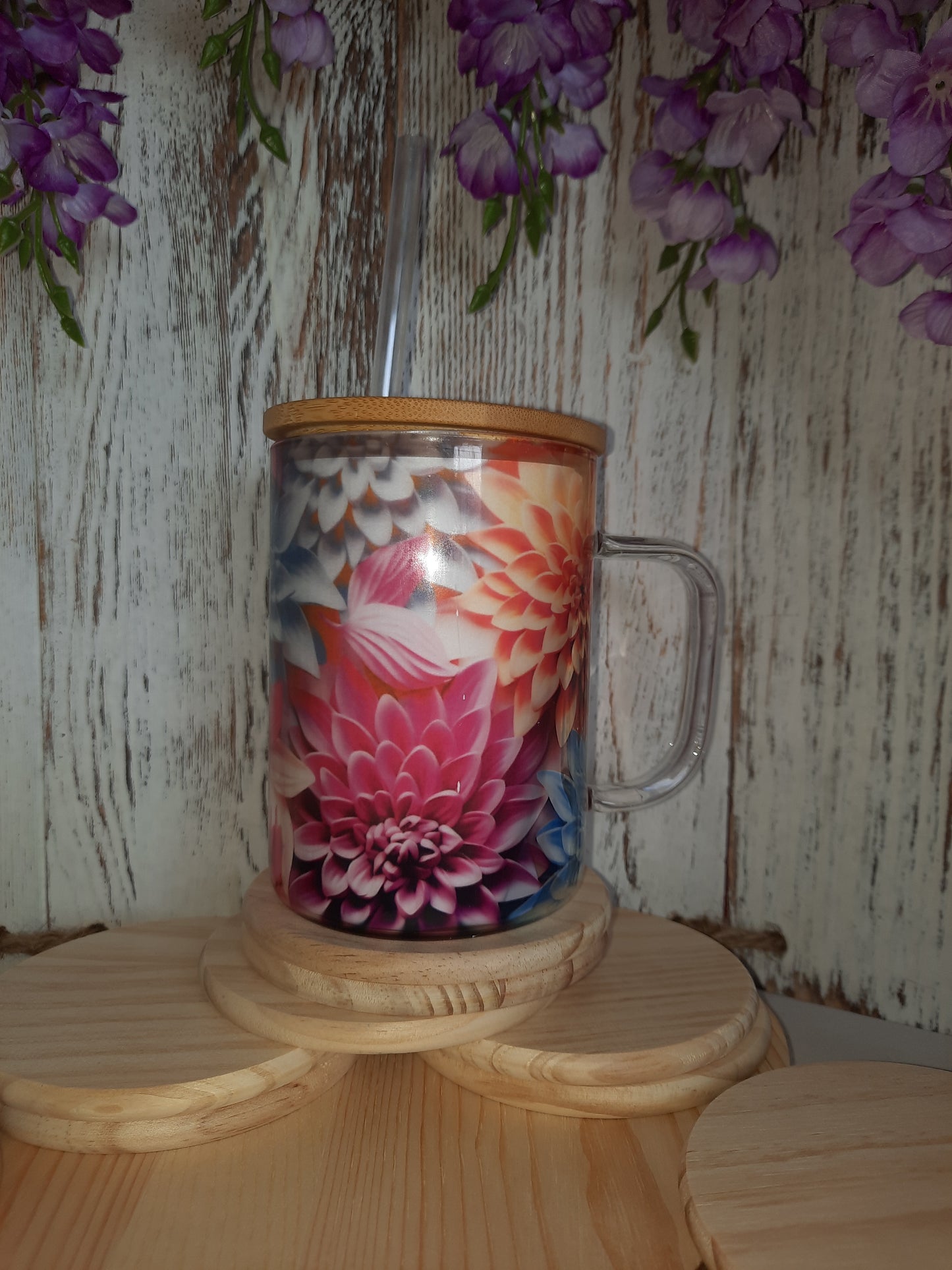 15 OZ GLASS COLORFUL FLOWERS HOT & COLD MUG