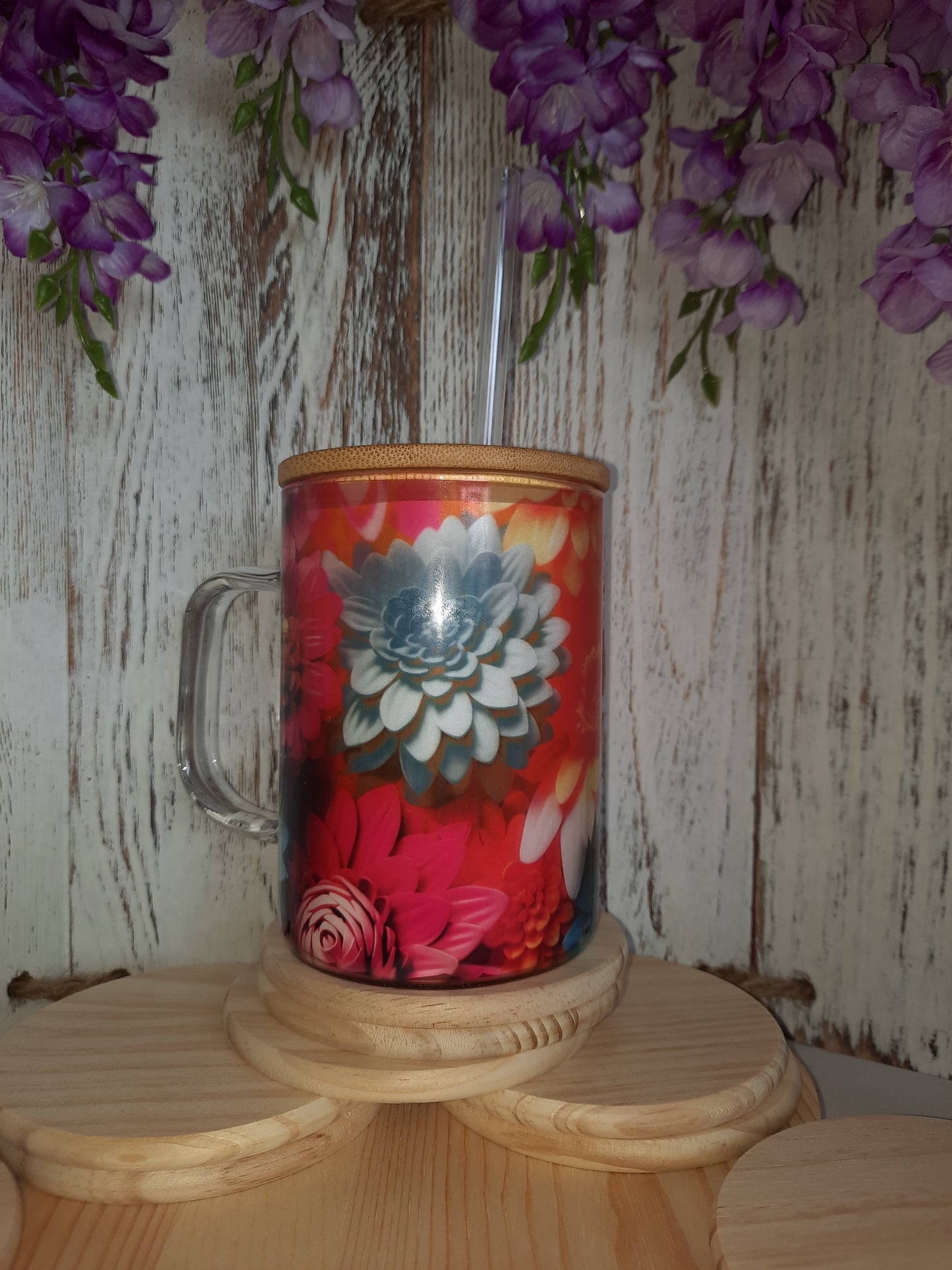 15 OZ GLASS COLORFUL FLOWERS HOT & COLD MUG