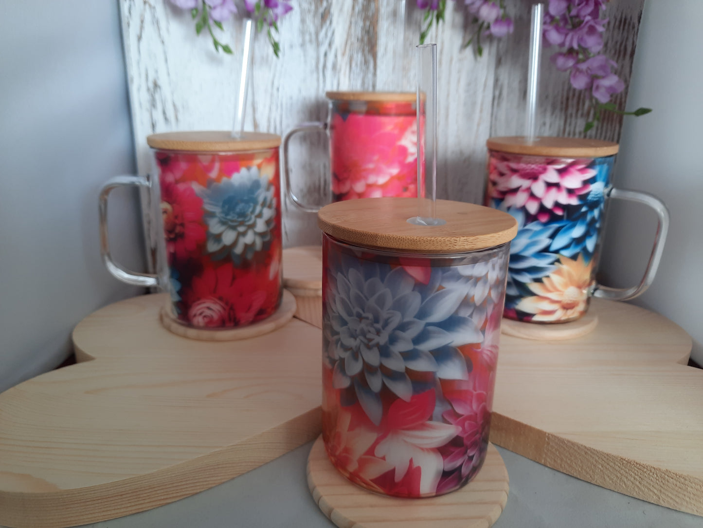 15 OZ GLASS COLORFUL FLOWERS HOT & COLD MUG